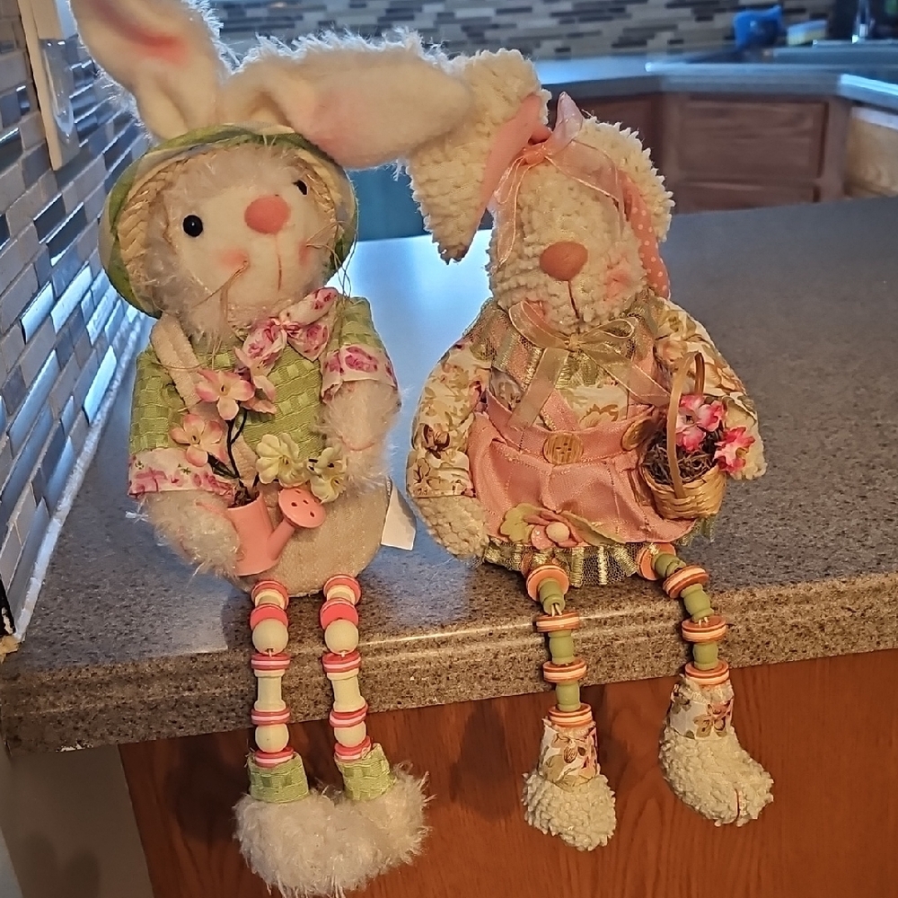 Adorable Bunny Plush Pair in Green and Pink